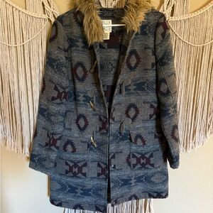 Billabong Blue and Gray Patterned Utility Jacket with Faux Fur Collar